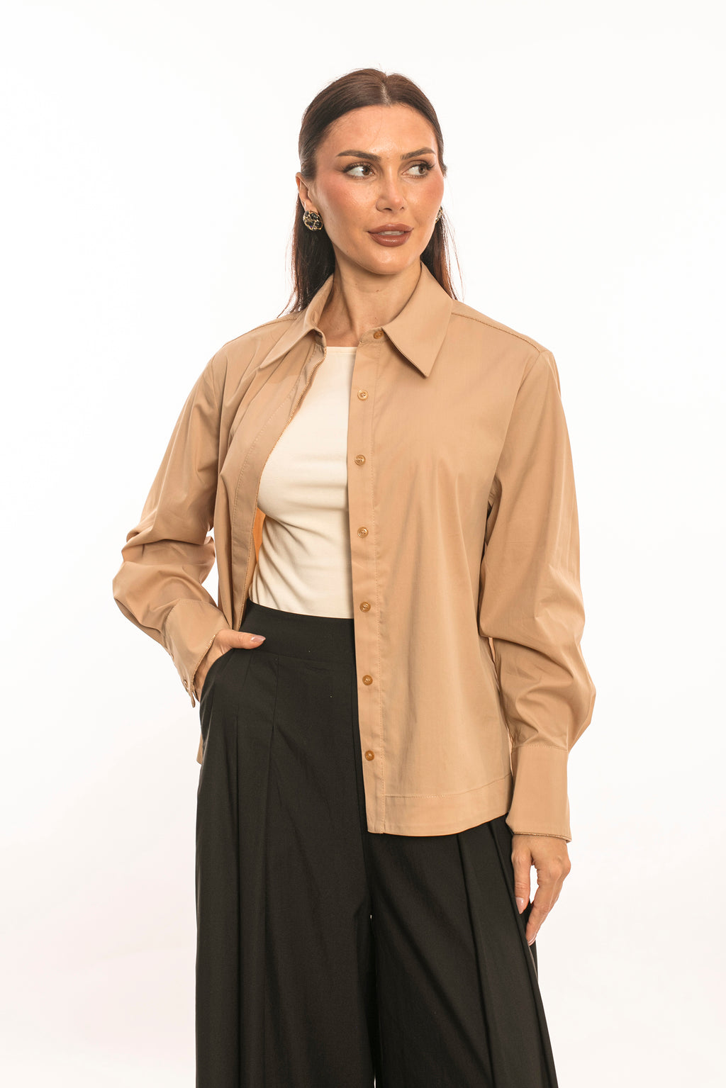 Kristal Kurdele Detaylı Camel Kadın Gömlek