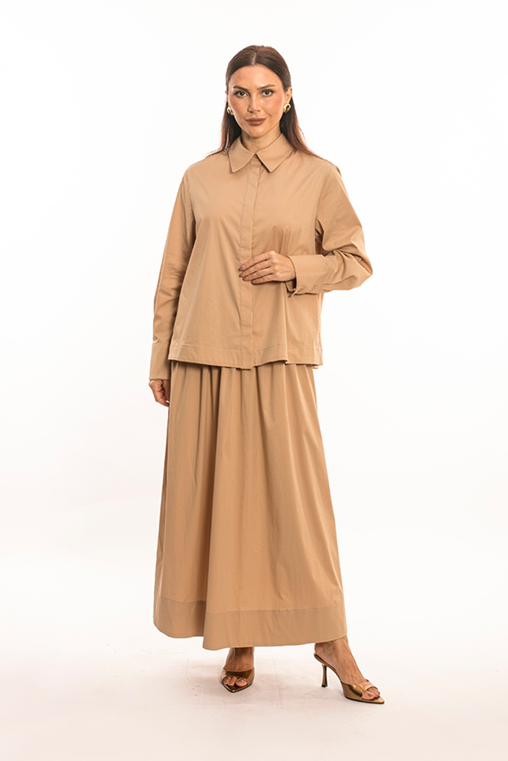 Kristal Kurdele Detaylı Camel Kadın Gömlek